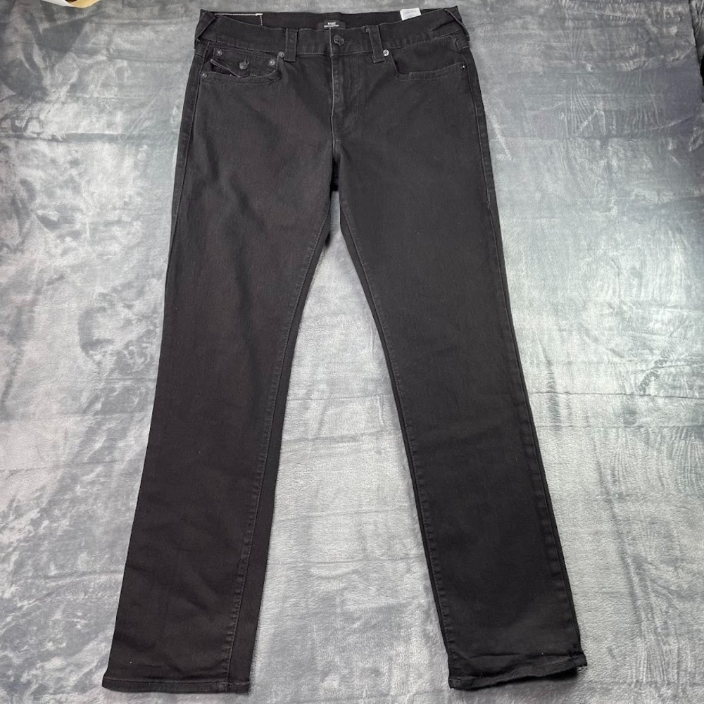 TRUE RELIGION Ricky Relaxed Straight Jeans Size 34 Fits 36x30 Black Stretch